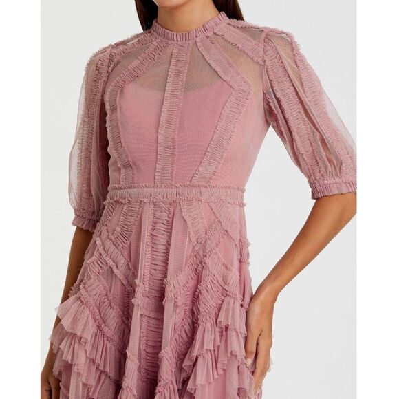 Anthropologie‎ Mac Duggal 8058 Pink High Neck Micro Ruffle Tiered Midi Dress - Picture 5 of 6